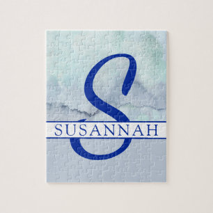 Puzzle Nom Aquarelle bleu monogramme