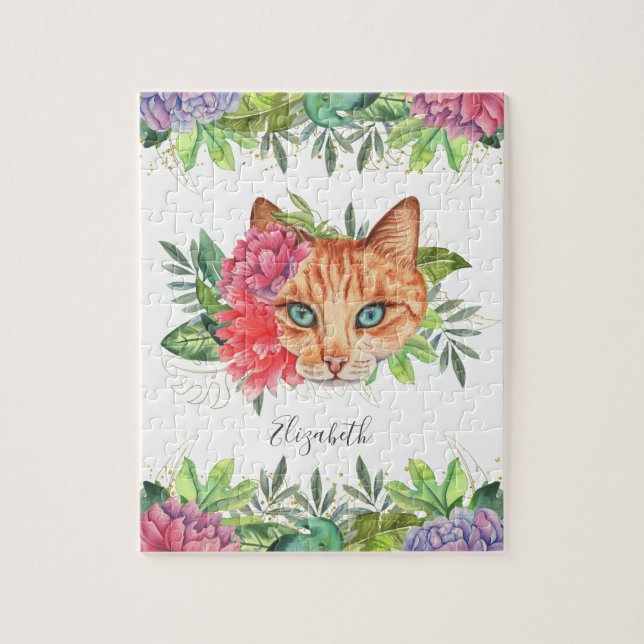Puzzle Nom de chat floral aux yeux bleus mignon (Vertical)