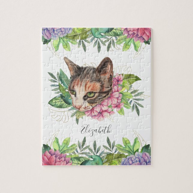 Puzzle Nom de chat floral aux yeux verts mignon (Vertical)