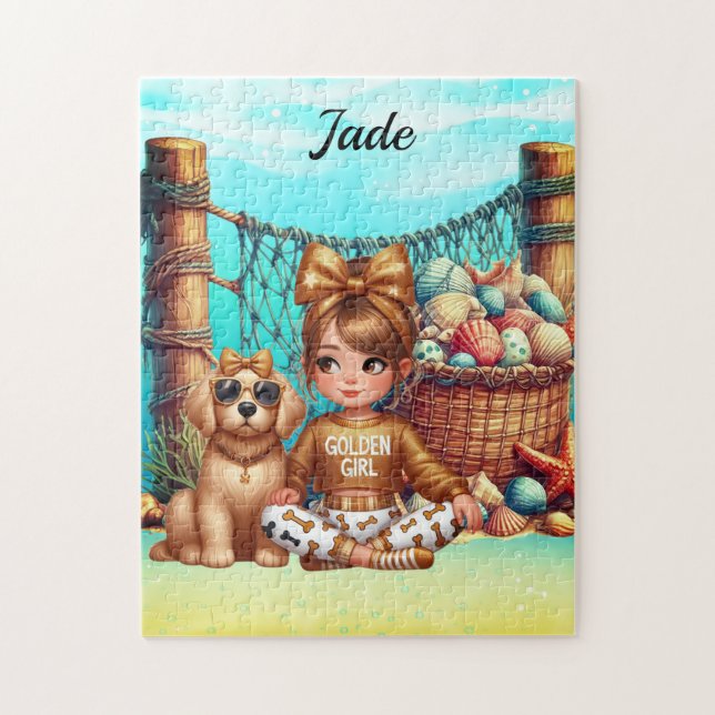 Puzzle Nom de fille personnalisé assise avec son chiot (Vertical)