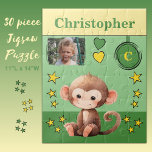 Puzzle Nom de la photo du singe vert jaune enfants<br><div class="desc">Puzzle de 30 pièces pour enfants. Avec un mignon singe,  avec des étoiles et des coeurs d'amour. Ajoutez un nom,  une initiale et une photo. Modèle de couleurs : vert et jaune Idée cadeau pour enfants.</div>
