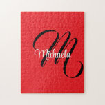 Puzzle Nom initial minimaliste moderne monogramme rouge<br><div class="desc">Monogramme moderne minimaliste nom initial noir blanc. Nom personnalisé personnalisable avec une initiale cursive derrière sur une couleur rouge.</div>
