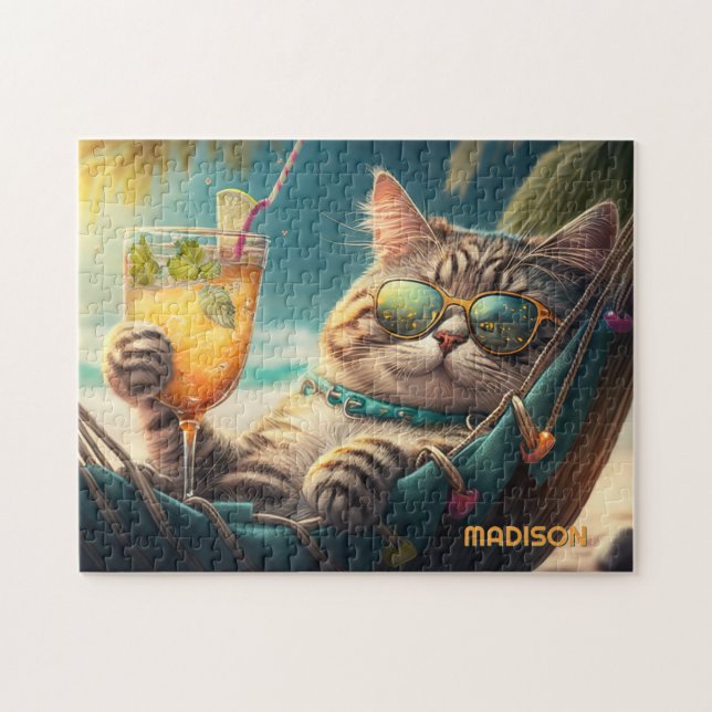 Puzzle Nom personnalisé Chat de vacances (Horizontal)