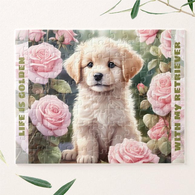 Puzzle Nom personnalisé du chien Golden Retriever Chiot (Cute Dog Golden Retriever Puppy Custom Name Jigsaw Puzzle)