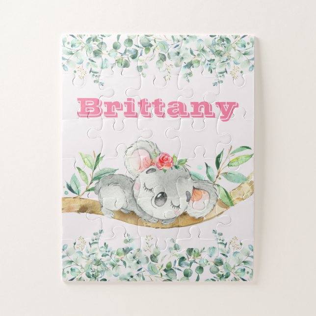 Puzzle Nom personnalisé Filles Koala Ours rose & vert (Vertical)