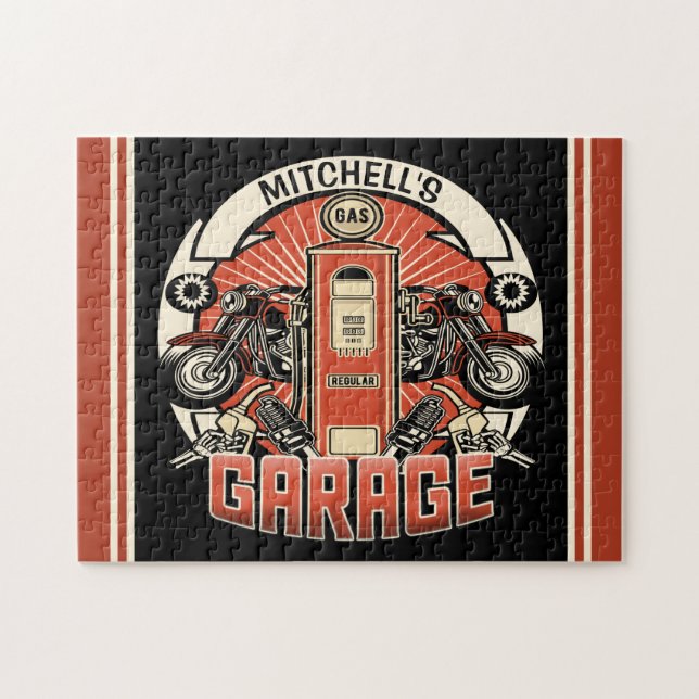 Puzzle Nom personnalisé Garage moto moto pompe à gaz rétr (Horizontal)
