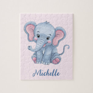 Puzzle Nom personnalisé Pink Blue elephant Girl's