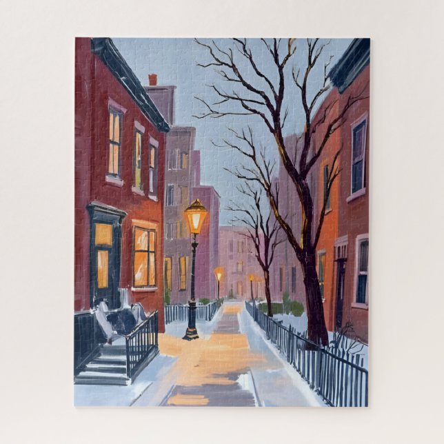 Puzzle North End Winter Boston Watercolor Painting (Vertical)