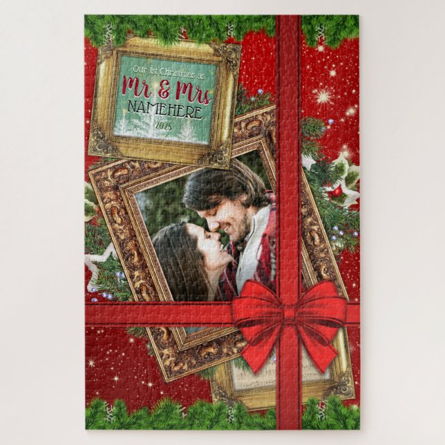 Puzzle Notre premier Noël en tant que Mr & Mrs Gold Frame (Vertical)