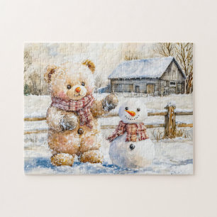 Puzzle Nounours qui construit un bonhomme de neige