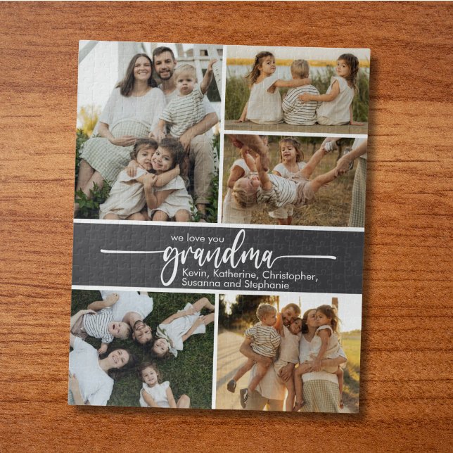 Puzzle Nous Vous Aimons Grand-mère Famille 5 Collage de P (We Love You Grandma Family 5 Photo Collage Jigsaw Puzzle with Grandma in script and your names.)