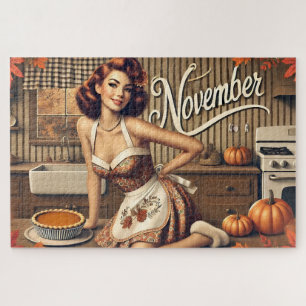 Puzzle Novembre Retro Pin-Up Citrouille fille