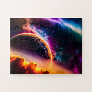 Puzzle Nuages de couleur cosmique avec paysage de planète