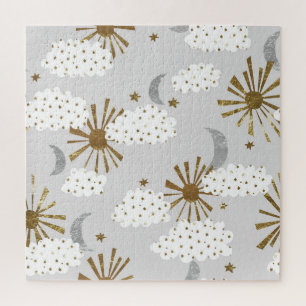 Puzzle Nuages, soleil, lune, motif minimaliste.