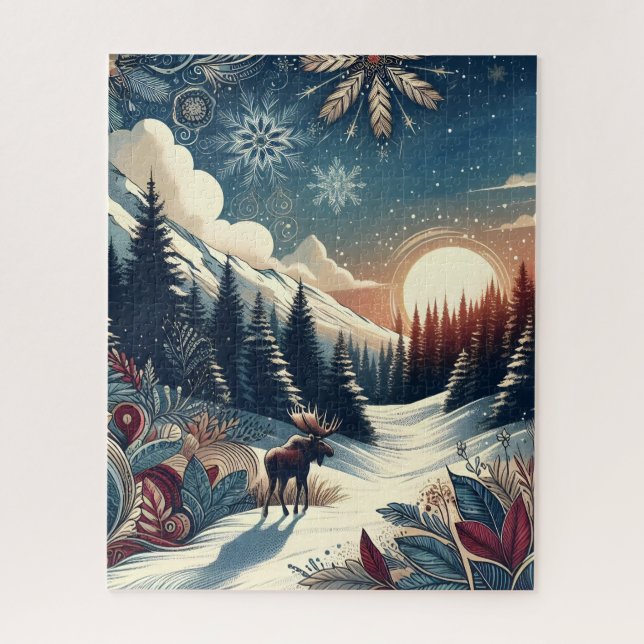 Puzzle Nuit de neige Moose Forest Mountains Boho Motif (Vertical)