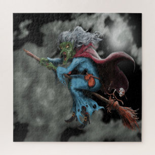 Puzzle Nuit d'Halloween Sorcière Volante Crâne Effrayant