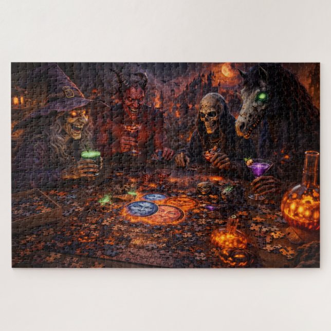 Puzzle Nuit d'objectif sorcière effrayante et squelette f (Horizontal)