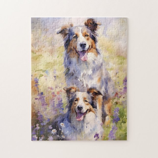 Puzzle OEuvre colorée d'aquarelle Australian Shepherd (Vertical)