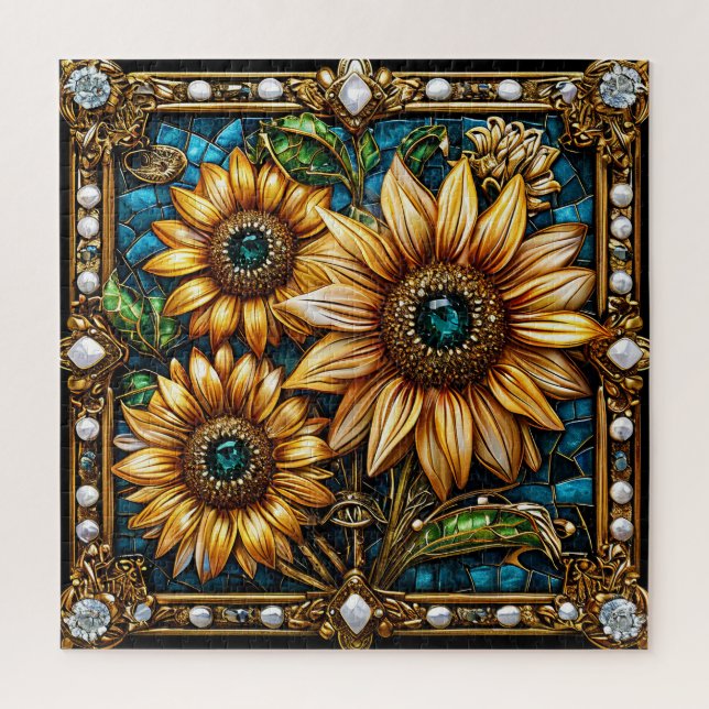 Puzzle Œuvre d'art de tournesol orné encadrée d'or (Vertical)