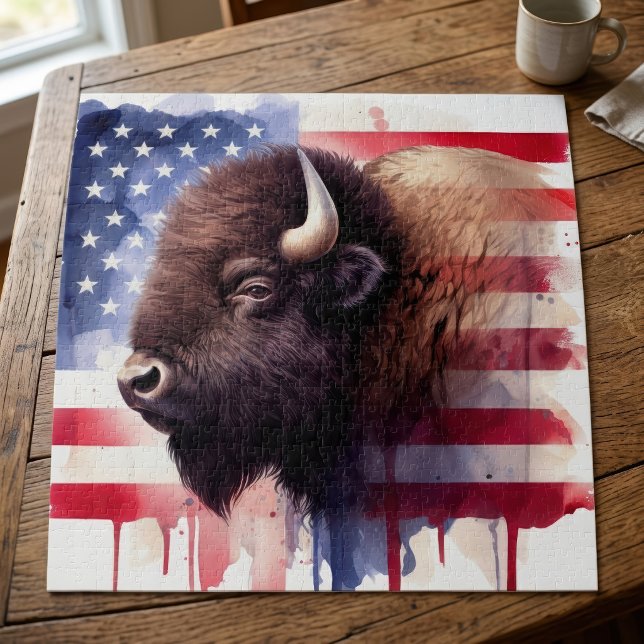 Puzzle Œuvre d'art majestueuse représentant des bisons am (Majestic American Bison & Patriotic Flag Artwork. Jigsaw Puzzle)