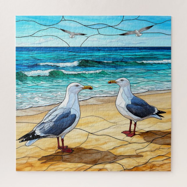 Puzzle Oeuvre en verre tendu sur une plage de mouettes (Vertical)