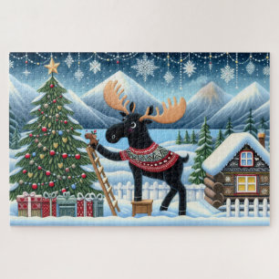 Puzzle Oie décorant un arbre de Noël avec des montagnes
