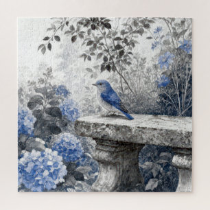 Puzzle Oiseau Bleu au Lavis d'Encre sur un Banc de Jardin