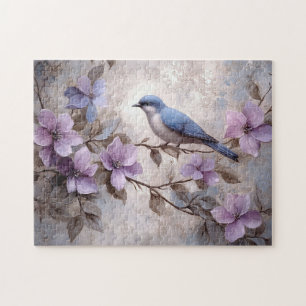 Puzzle Oiseau bleu aux fleurs violettes
