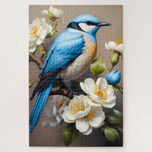 Puzzle Oiseau bleu avec fleurs blanches botanique