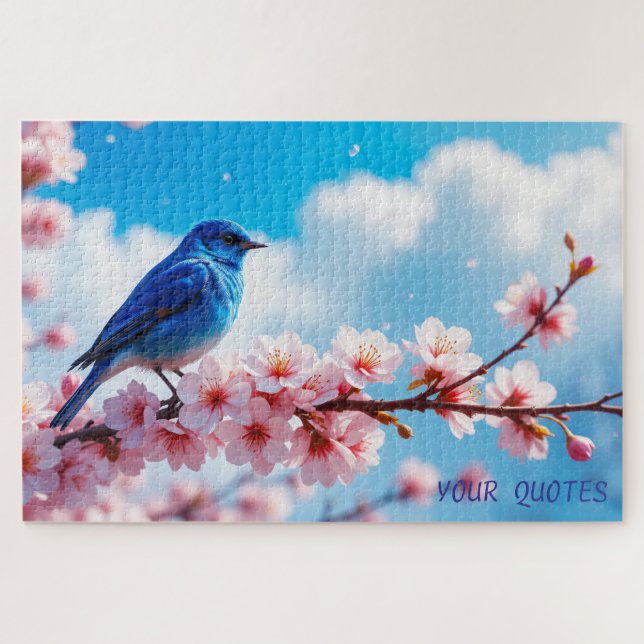 Puzzle Oiseau bleu sur branche de fleurs de cerisier (Horizontal)