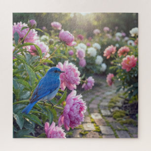 Puzzle Oiseau bleu sur une pivoine rose