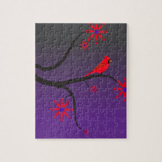 Puzzle Oiseau cardinal rouge dans un arbre sur le fond