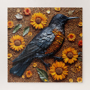 Puzzle Oiseau coloré disposé avec des tournesols