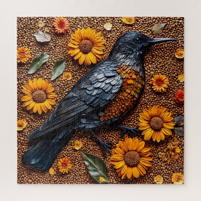 Puzzle Oiseau coloré disposé avec des tournesols (Vertical)