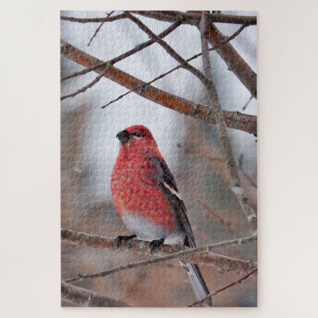 Puzzle Oiseau rouge dans la neige hivernale (Vertical)