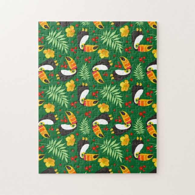 Puzzle Oiseau Toucan Feuilles Vertes Fleur Orange Rouge (Vertical)