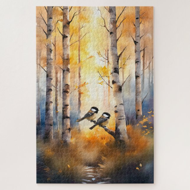 Puzzle Oiseaux chanteurs mésanges dans une forêt automnal (Vertical)