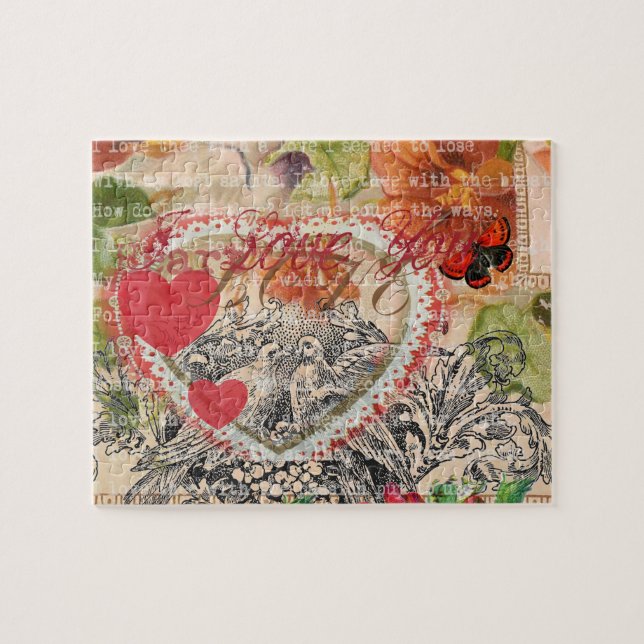 Puzzle Oiseaux de l'amour Cœur Rouge Collage d'art (Horizontal)