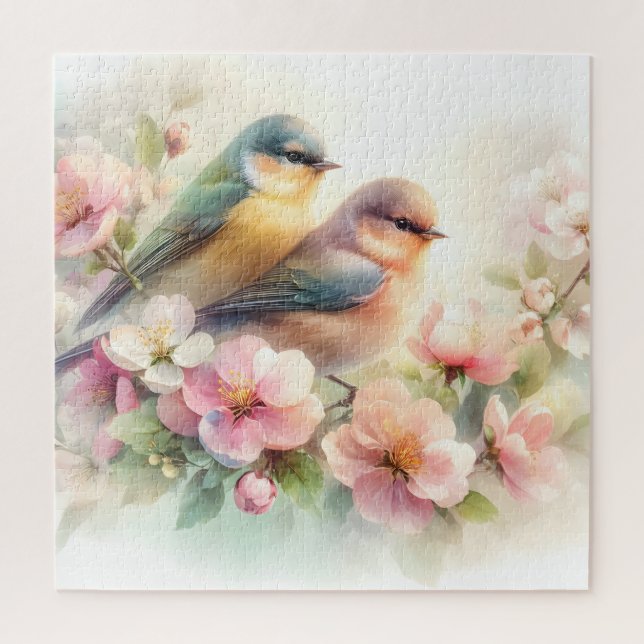 Puzzle Oiseaux de l'amour doux pastel de printemps Fleurs (Vertical)