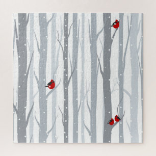 Puzzle Oiseaux d'hiver : Arbres gris, Oiseaux rouges