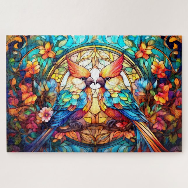 Puzzle Oiseaux en vitrail et aquarelle (Horizontal)
