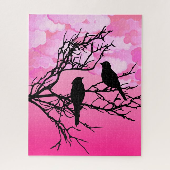 Puzzle Oiseaux sur une branche, Noir contre Aube Rose (Vertical)