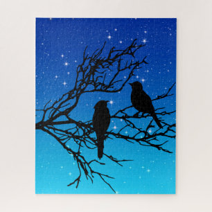 Puzzle Oiseaux sur une branche, Noir contre ciel du soir