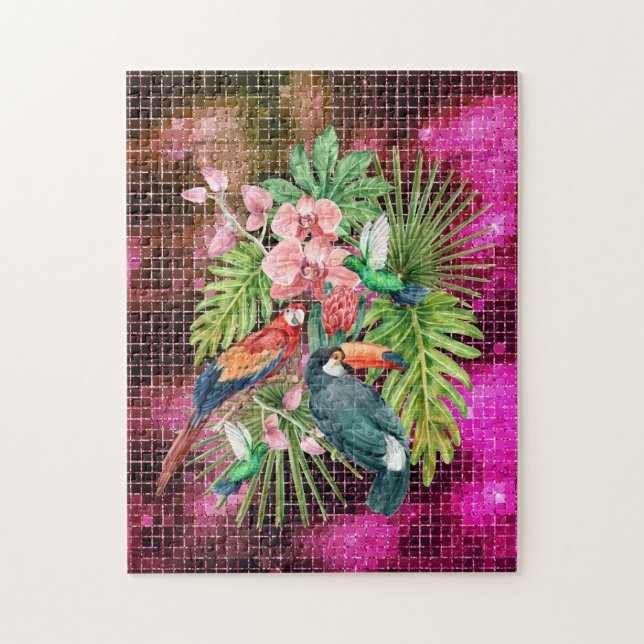 Puzzle Oiseaux tropicaux Fleurs exotiques rose violet gla (Vertical)