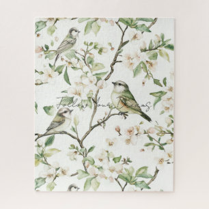 Puzzle Oiseaux verts fleurs blanches arbre