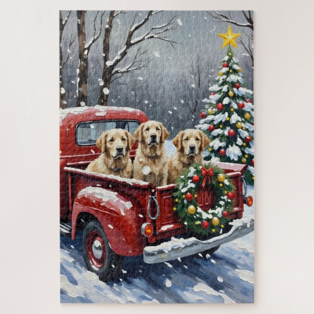 Puzzle Old English Sheepdog Christmas Red Truck Holiday (Vertical)
