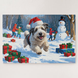 Puzzle Old English Sheepdog Running in Snow Christmas Cas