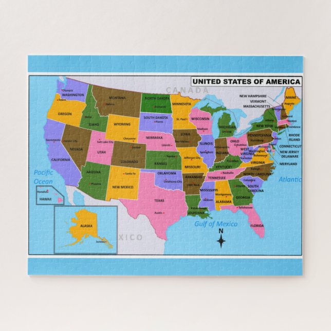 Puzzle OLD USA Carte avec Capitales d'Etat et Golfe du Me (Horizontal)