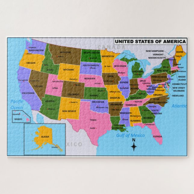 Puzzle OLD USA Carte avec Capitales d'Etat et Golfe du Me (Horizontal)