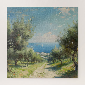 Puzzle Oliveraie avec village côtier et mer